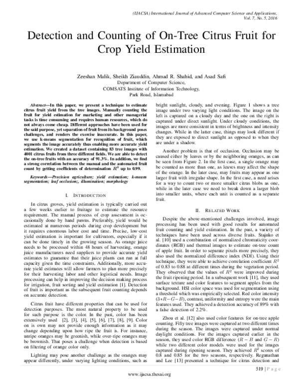 (PDF) Detection and Counting of OnTree Citrus Fruit for Crop Yield