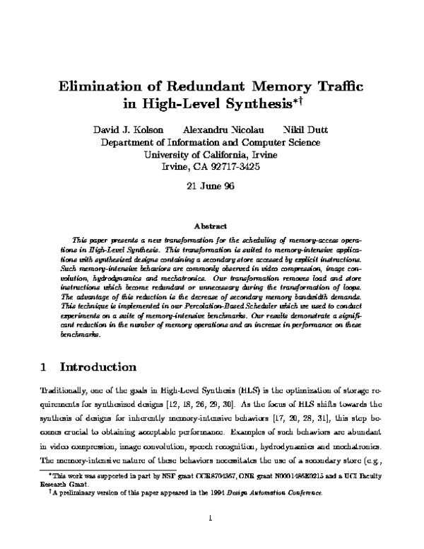 (PDF) Elimination of redundant memory traffic in high-level synthesis