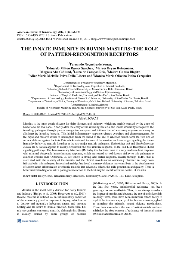 (PDF) The Innate Immunity in Bovine Mastitis: The Role of Pattern ...