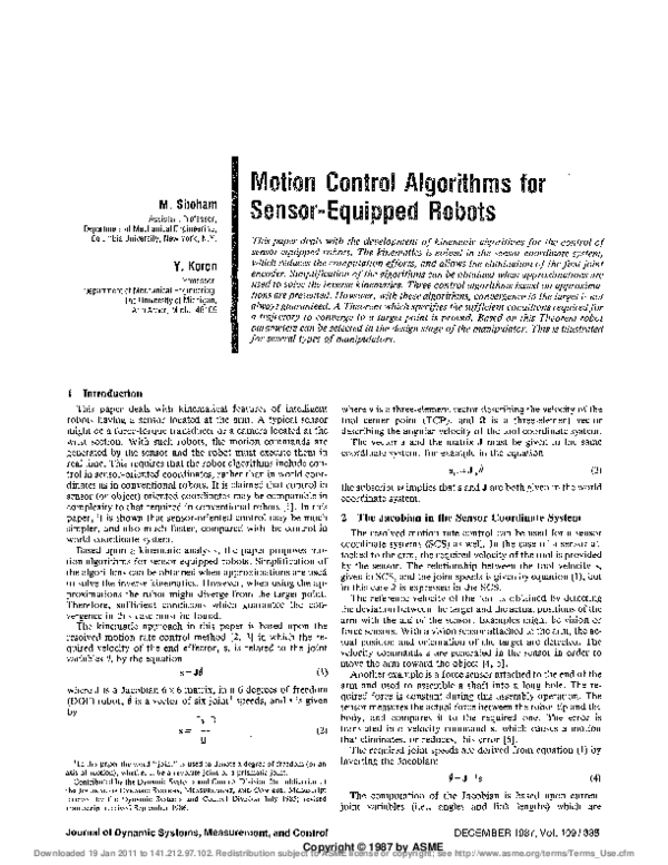 (PDF) Motion control algorithms for sensor-equipped robots