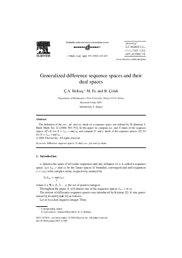 (PDF) Generalized difference sequence spaces and their dual spaces