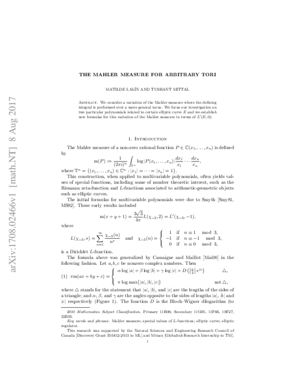 (PDF) The Mahler measure for arbitrary tori