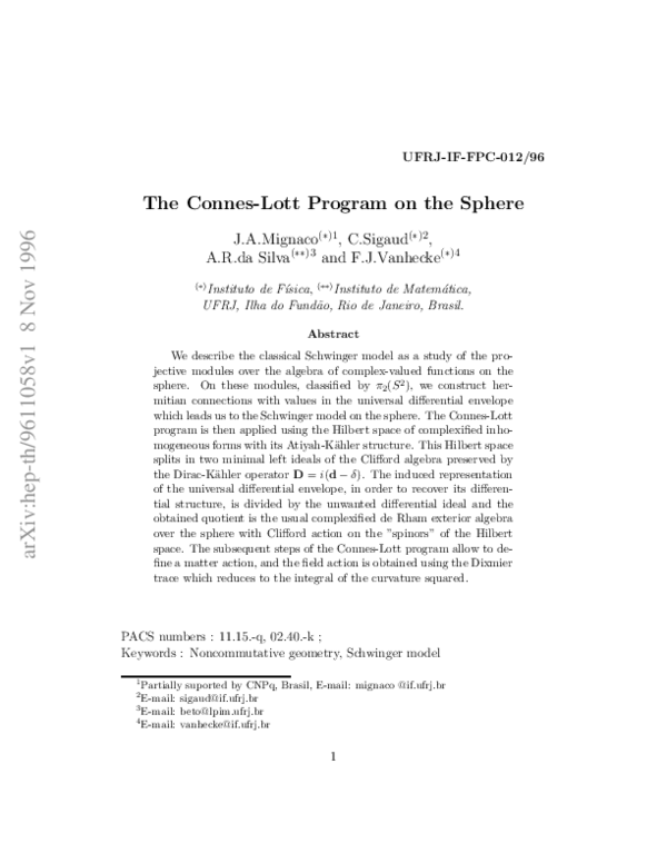 Pdf The Connes Lott Program On The Sphere Cassio Sigaud Sigaud Academia Edu