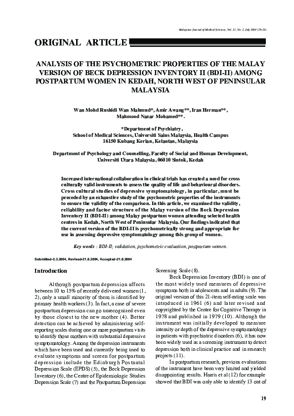 (PDF) Analysis of the psychometric properties of the Malay version of ...