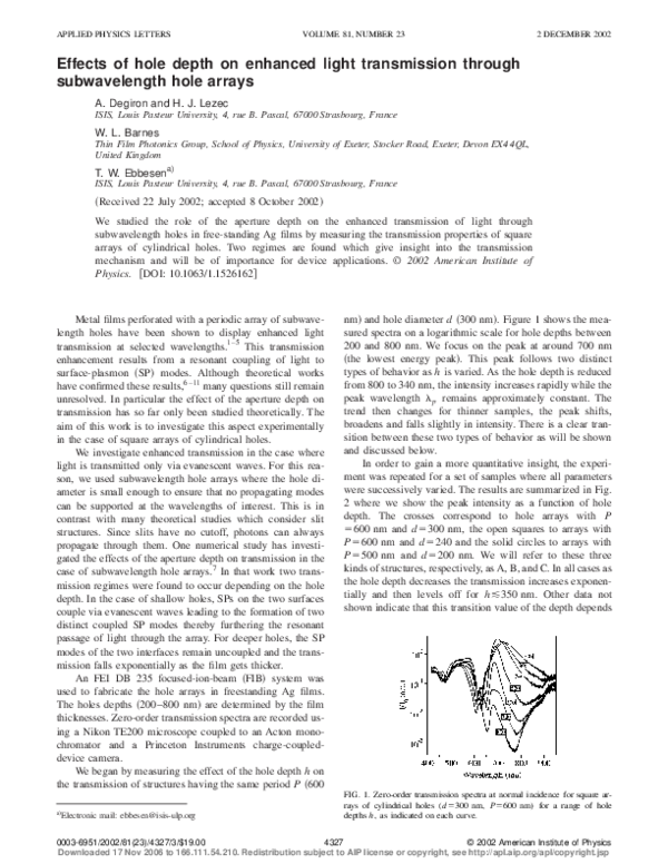 (PDF) Effects of hole depth on enhanced light transmission through ...