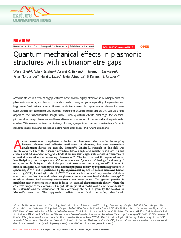 (PDF) Quantum mechanical effects in plasmonic structures with ...