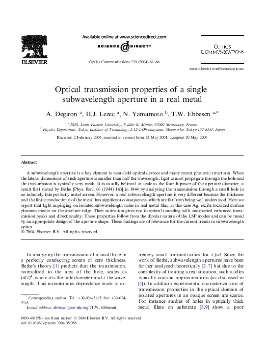 (PDF) Optical transmission properties of a single subwavelength ...