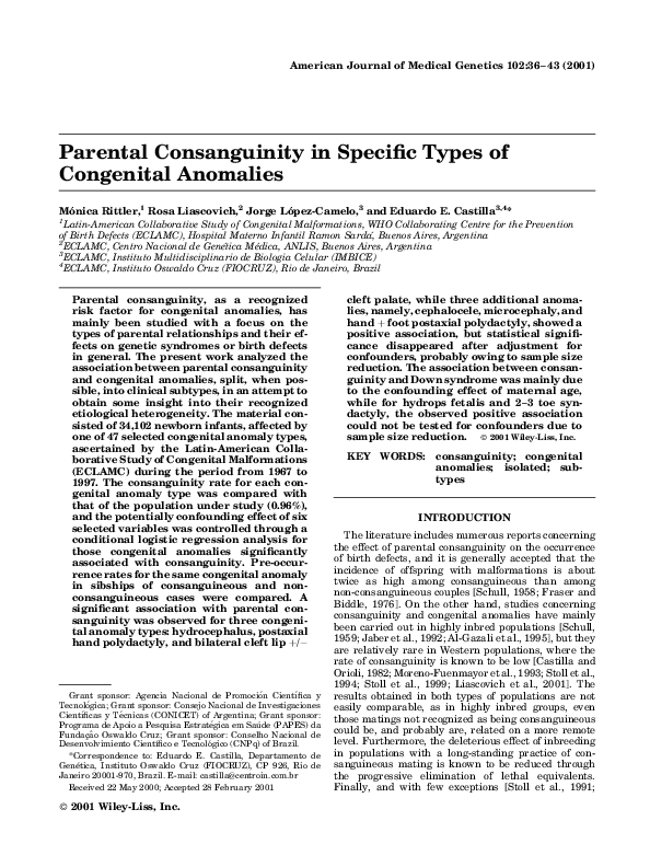 (PDF) Parental consanguinity in specific types of congenital anomalies