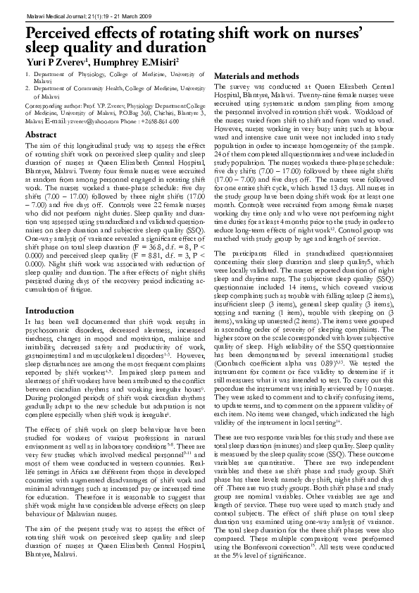 (PDF) Perceived effects of rotating shift work on nurses\' sleep ...