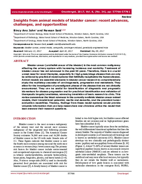 (PDF) Insights from animal models of bladder cancer: recent advances ...