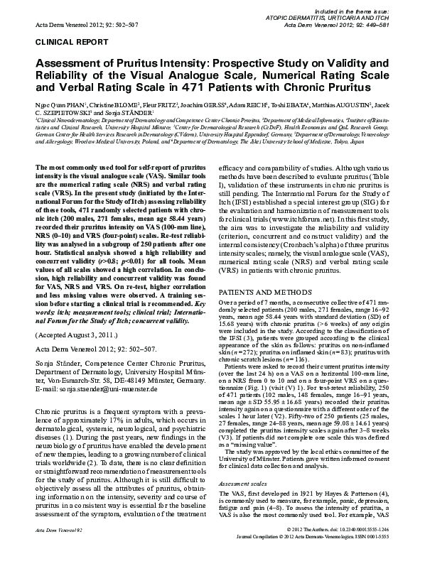 (PDF) Assessment of Pruritus Intensity: Prospective Study on Validity ...