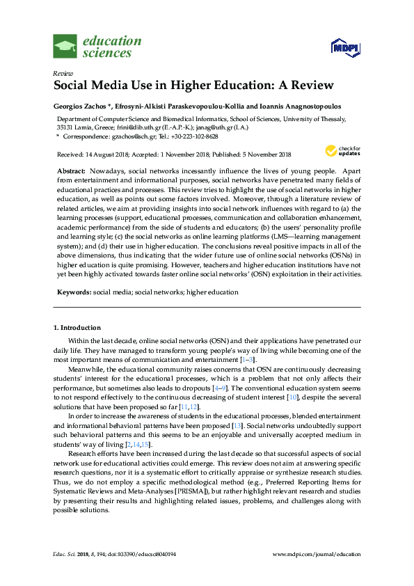 (PDF) Social Media Use in Higher Education: A Review
