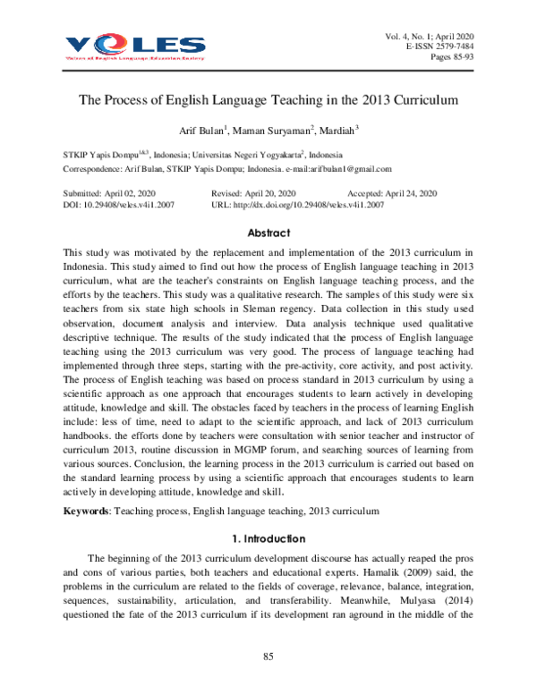 (PDF) The Process of English Language Teaching in the 2013 Curriculum