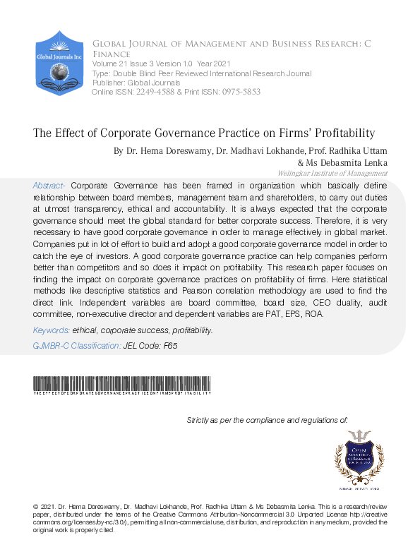(PDF) The Effect of Corporate Governance Practice on Firms' Profitability
