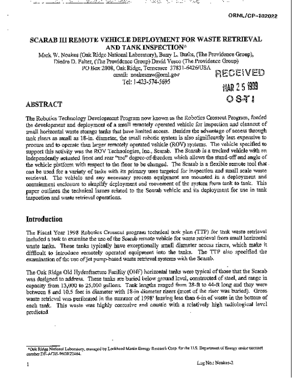(PDF) Scarab III Remote Vehicle Deployment for Waste Retrieval and Tank