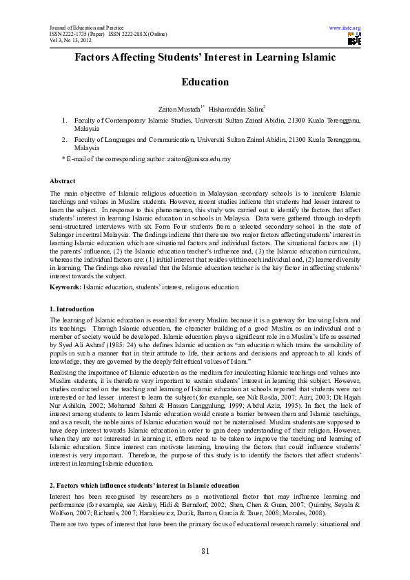 (PDF) Factors Affecting Students' Interest in Learning Islamic Education
