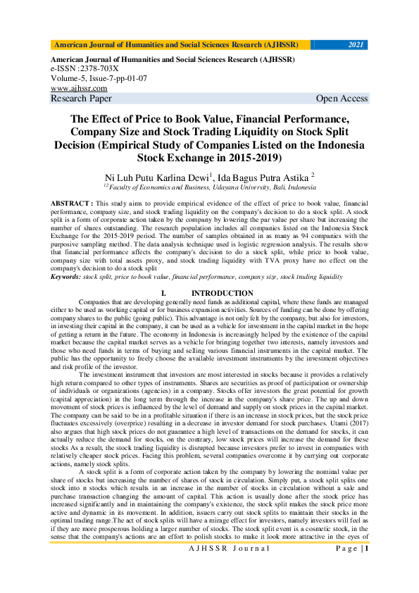 (PDF) The Effect of Price to Book Value, Financial Performance, Company ...
