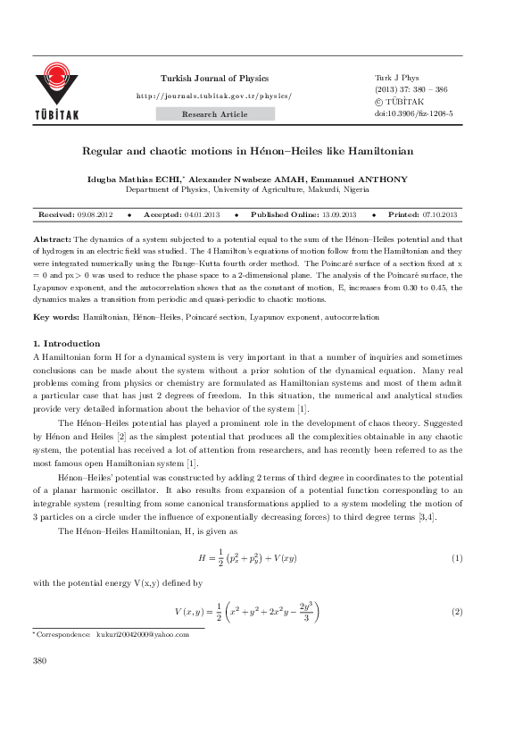 (PDF) Regular and chaotic motion in Henon Heiles like Hamiltonian