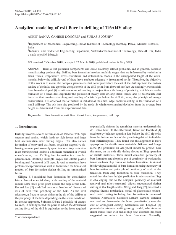 (PDF) Analytical modeling of exit Burr in drilling of Ti6Al4V alloy