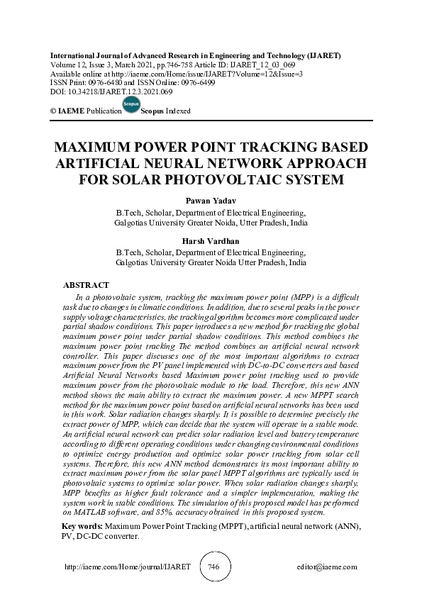 (PDF) MAXIMUM POWER POINT TRACKING BASED ARTIFICIAL NEURAL NETWORK ...