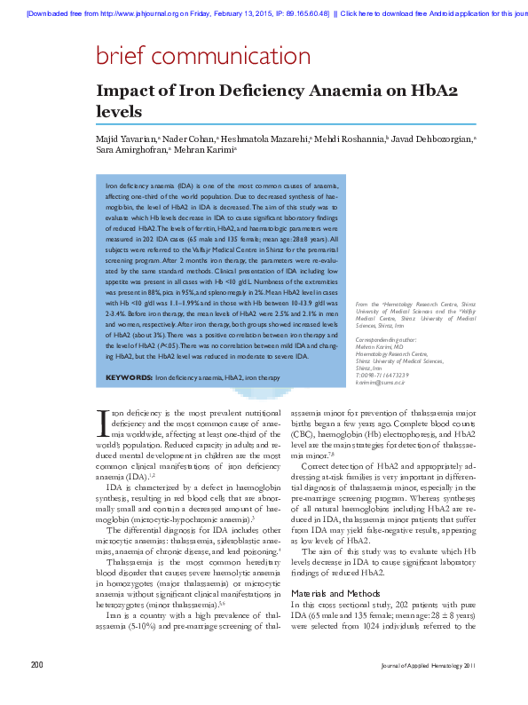 (PDF) Impact of Iron Deficiency Anaemia on HbA2 levels