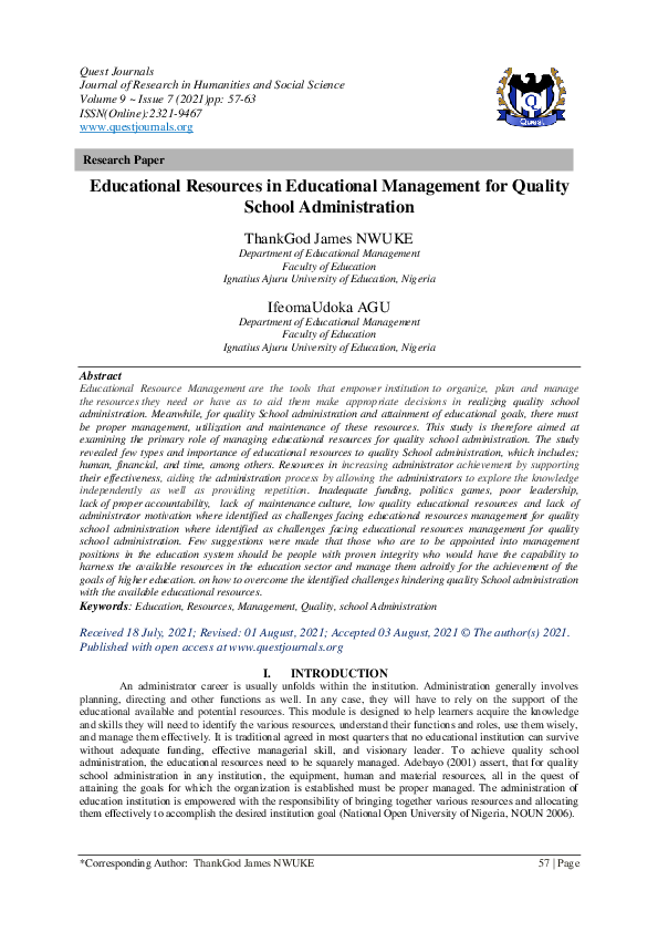 (PDF) Educational Resources in Educational Management for Quality
