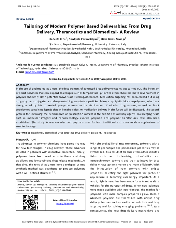 (PDF) Advanced Polymers in Drug Delivery & Theranostics