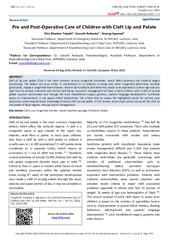 (PDF) Pre and Post-Operative Care of Children with Cleft Lip and Palate
