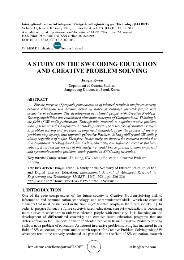 (PDF) A STUDY ON THE SW CODING EDUCATION AND CREATIVE PROBLEM SOLVING