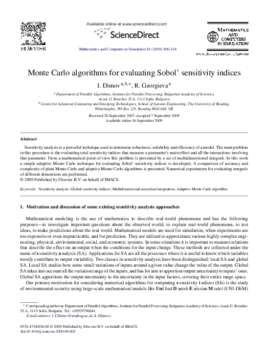 (PDF) Monte Carlo algorithms for evaluating Sobol’ sensitivity indices