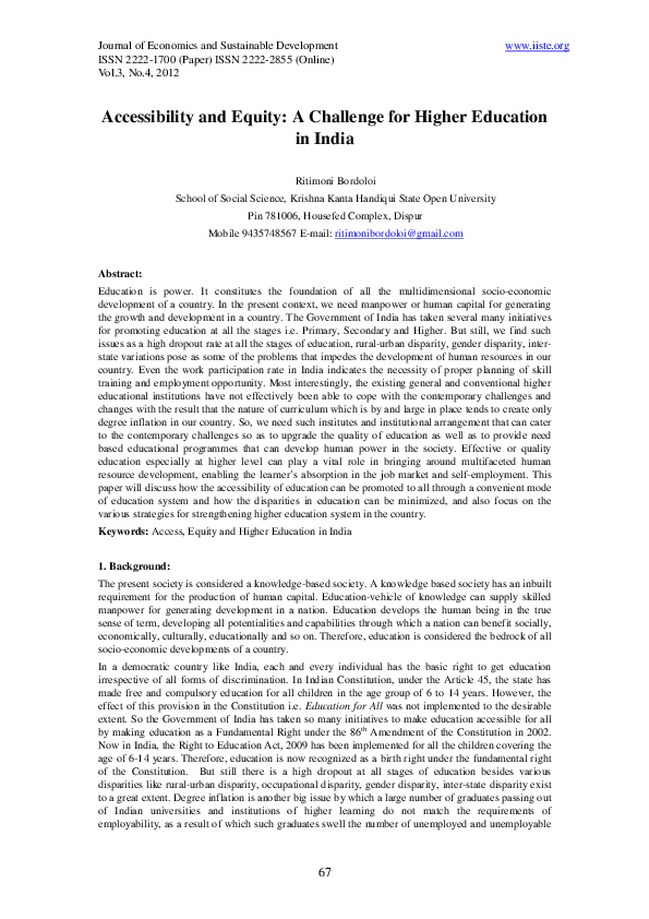 (PDF) Accessibility and Equity: A Challenge for Higher Education in India