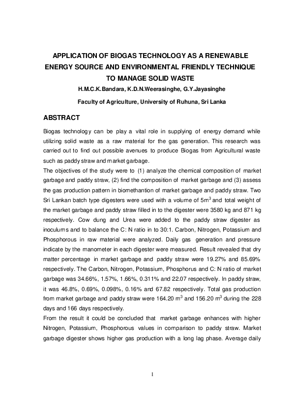 (PDF) Application of Biogas Technology as a Renewable Energy Source and ...
