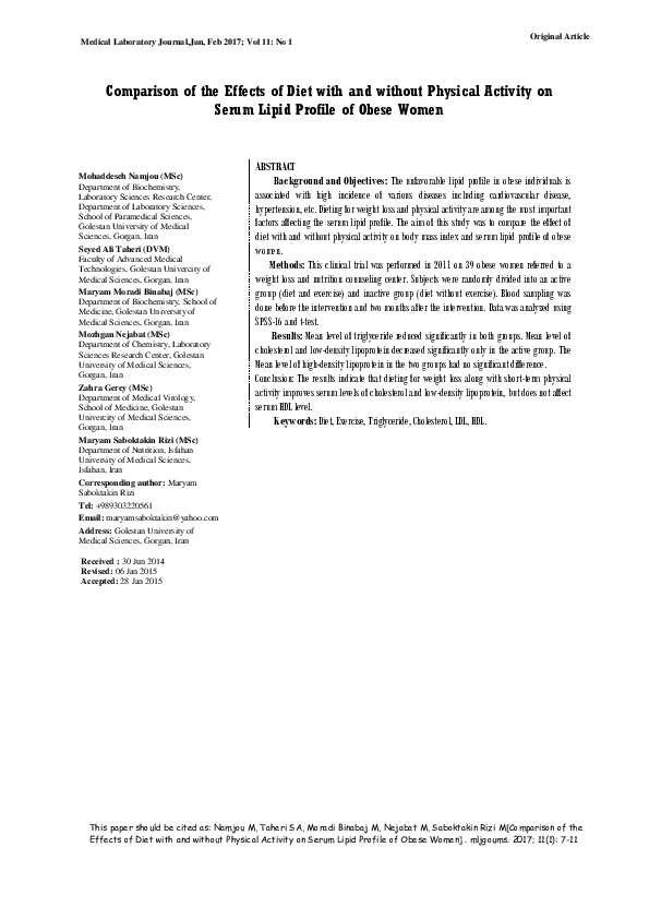 (PDF) Comparison of the Effects of Diet with and without Physical ...