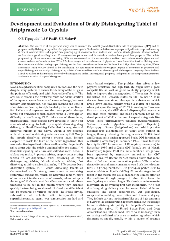 (PDF) Development and Evaluation of Orally Disintegrating Tablet of ...