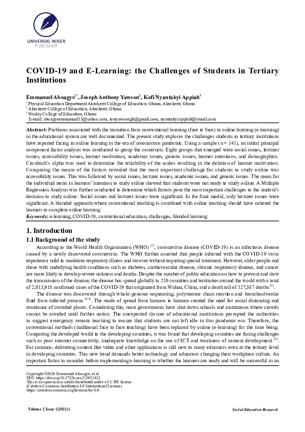 (PDF) COVID-19 and E-Learning: the Challenges of Students in Tertiary ...