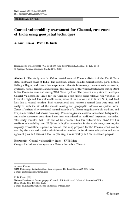 (PDF) Coastal vulnerability assessment for Chennai, east coast of India ...