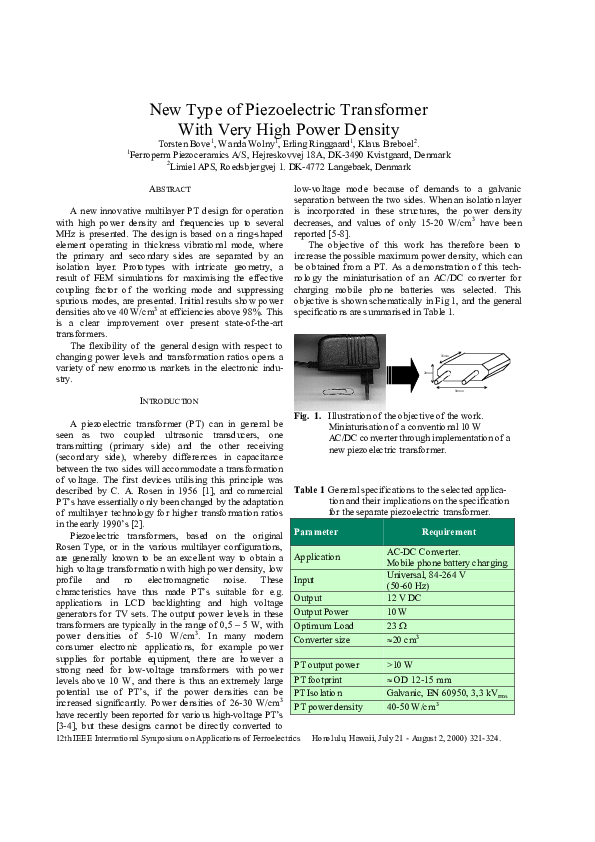 (PDF) New type of piezoelectric transformer with very high power density