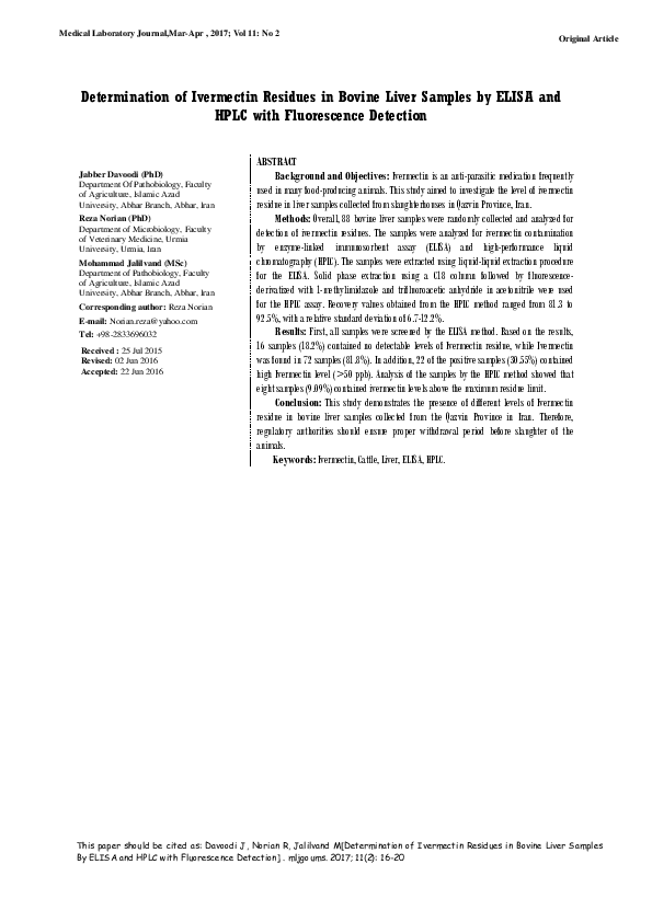(PDF) Determination of Ivermectin Residues in Bovine Liver Samples by ...