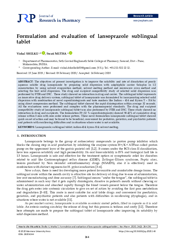 (PDF) Formulation and evaluation of lansoprazole sublingual tablet