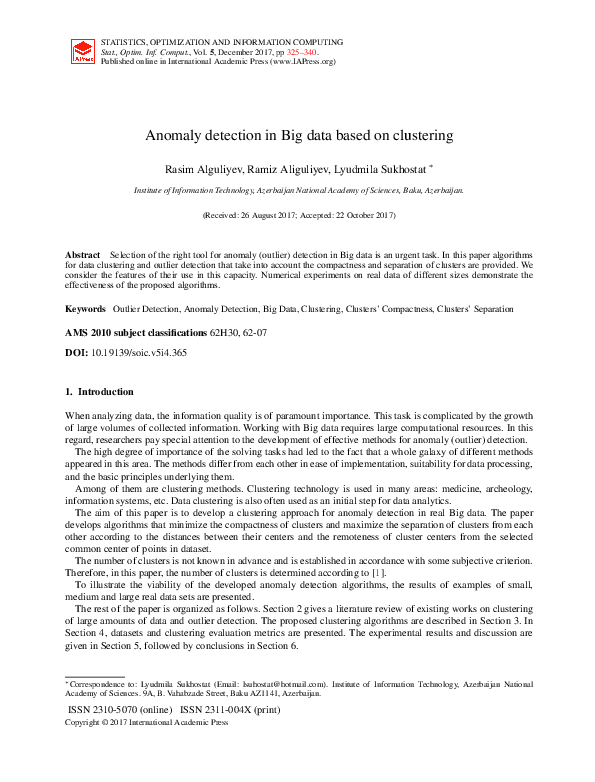 (PDF) Anomaly Detection in Big Data based on Clustering
