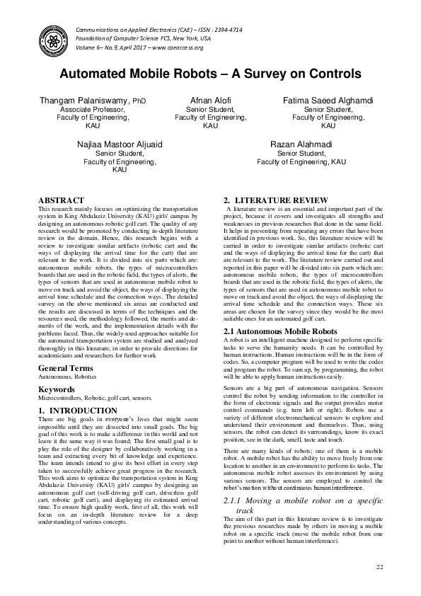 (PDF) Automated Mobile Robots – A Survey on Controls