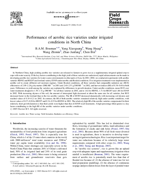 (PDF) Performance of aerobic rice varieties under irrigated conditions ...