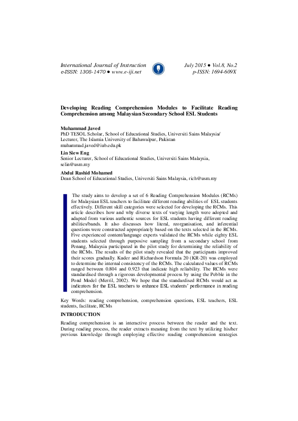 (PDF) Developing Reading Comprehension Modules to Facilitate Reading ...