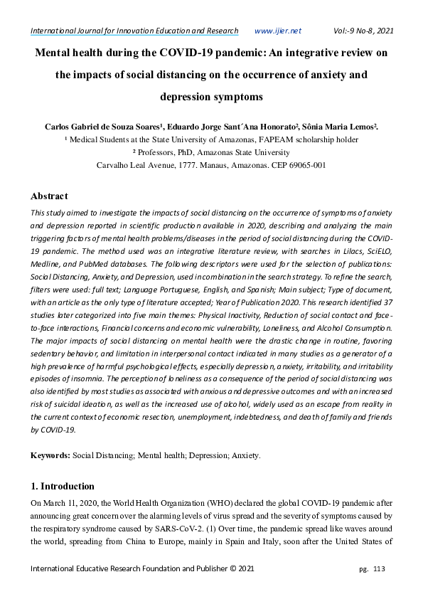 (PDF) Mental health during the COVID-19 pandemic: An integrative review ...
