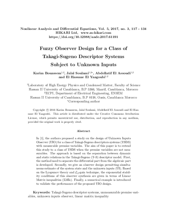 (PDF) Fuzzy observer design for a class of Takagi-Sugeno descriptor systems