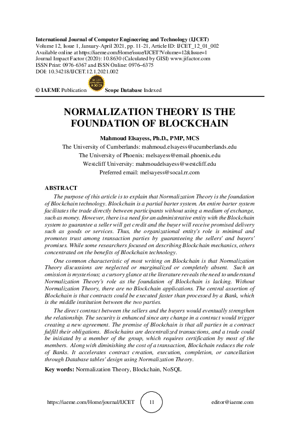 (PDF) NORMALIZATION THEORY IS THE FOUNDATION OF BLOCKCHAIN