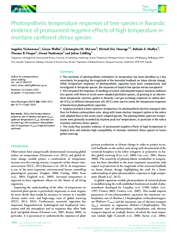 (PDF) Photosynthetic temperature responses of tree species in Rwanda ...