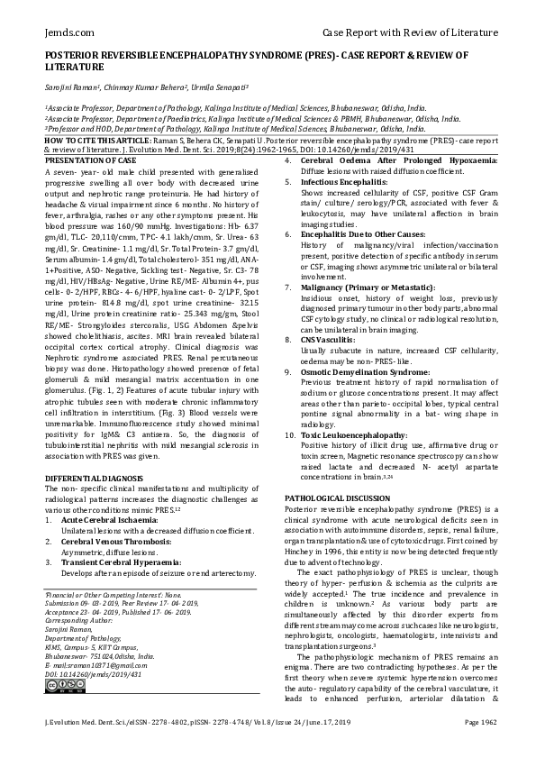 (PDF) Posterior Reversible Encephalopathy Syndrome (Pres)- Case Report ...