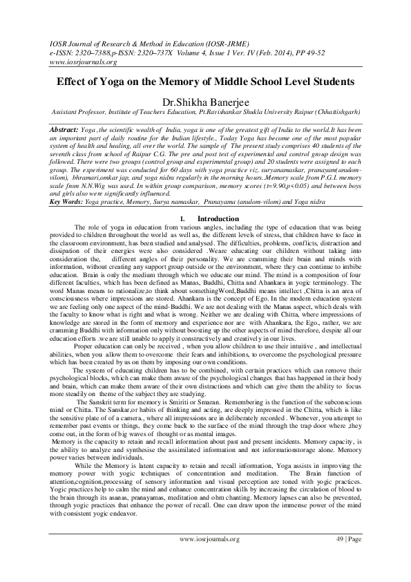 (PDF) Effect of Yoga on the Memory of Middle School Level Students