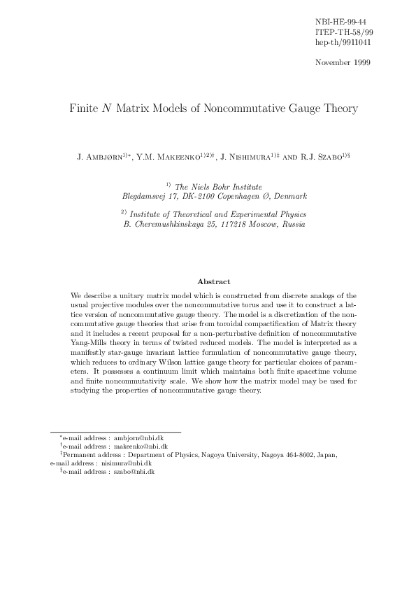 (PDF) Finite N matrix models of noncommutative gauge theory